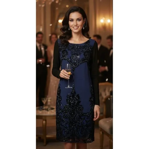 NWT Hale Bob Beaded Elisa Velvet Dress Burnout Long Sleeve Shift Blue Women's XS - Picture 1 of 14